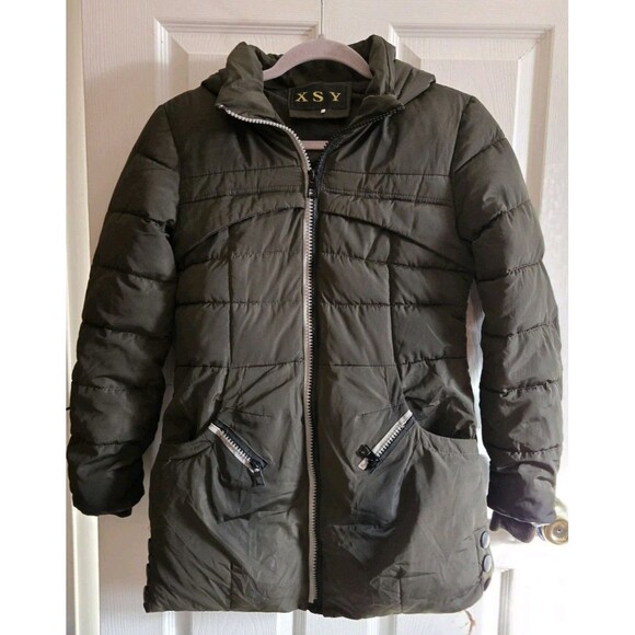 XSY Puffer Jacket Winter Coat Juniors Large L LG Olive Green Hooded Quilted Warm - Picture 3 of 12
